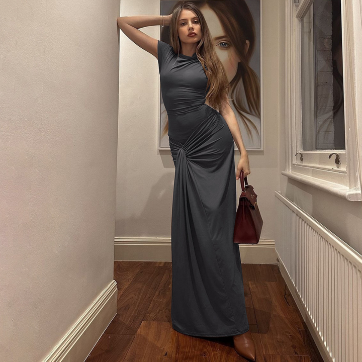 Elegant women's ruched bodycon wrap maxi dress. Perfect for special events, parties, and formal occasion wear.