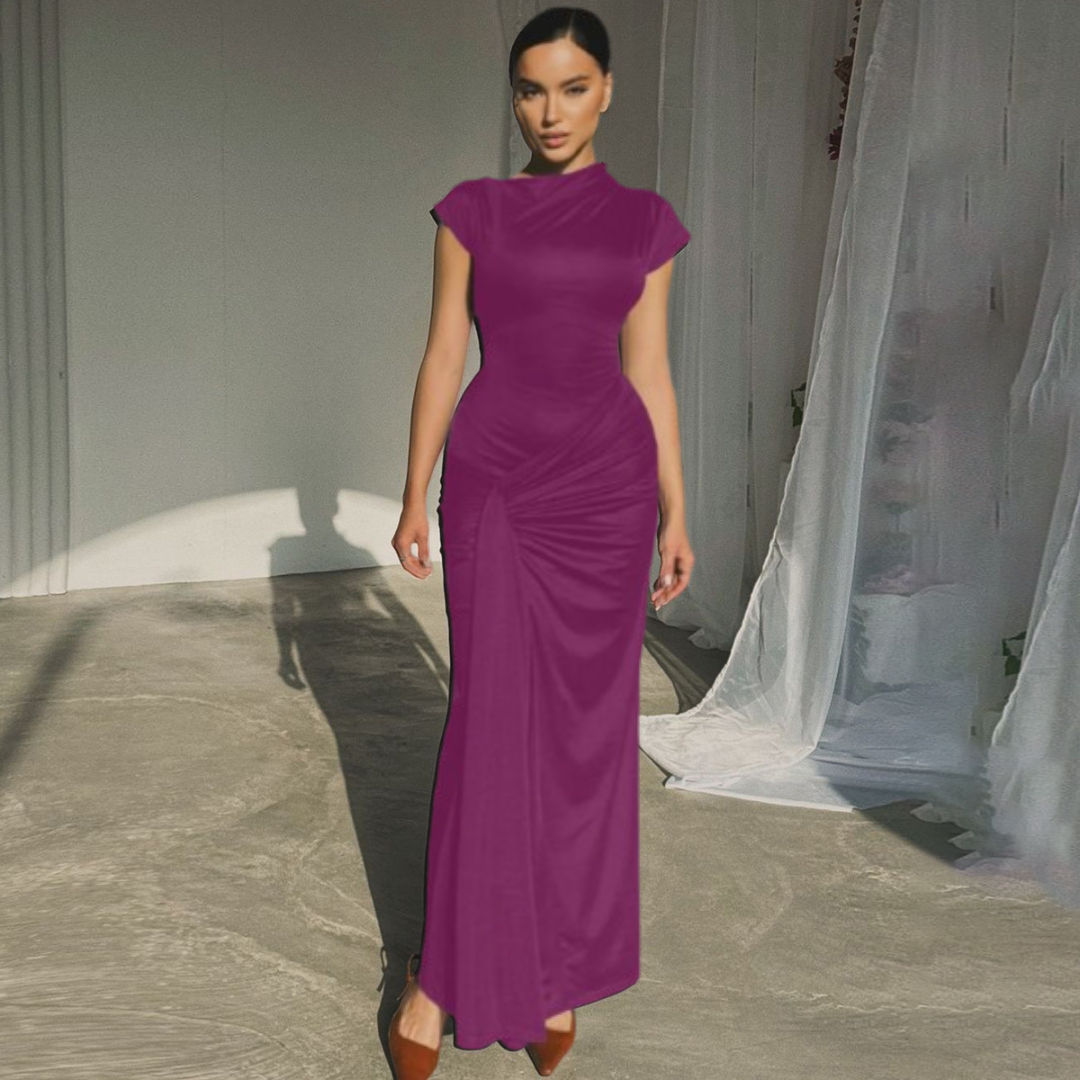 Chic women's elegant ruched bodycon wrap maxi dress. Flattering fit for evening parties and sophisticated events.