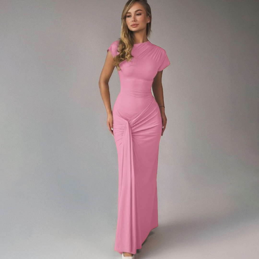 Modern sophisticated women's formal ruched bodycon wrap maxi dress. Perfect for elegant evening occasions.