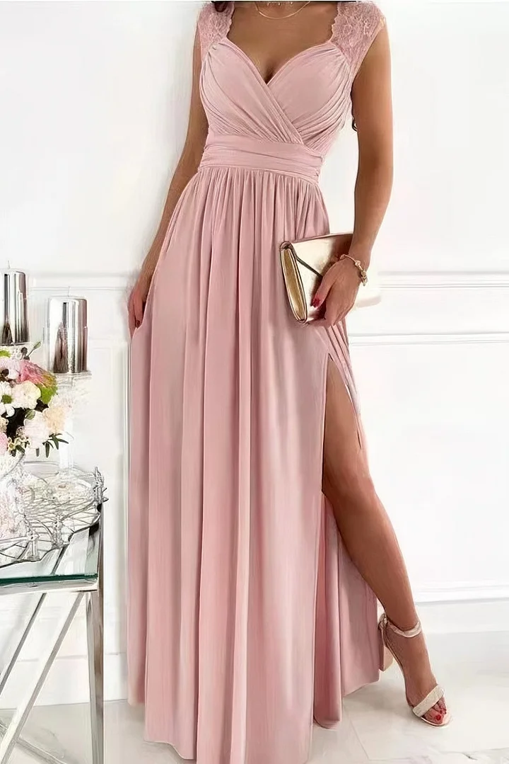 Sophisticated women's slit maxi dress, ruched detail, ideal for elegant evening events & spring fashion.