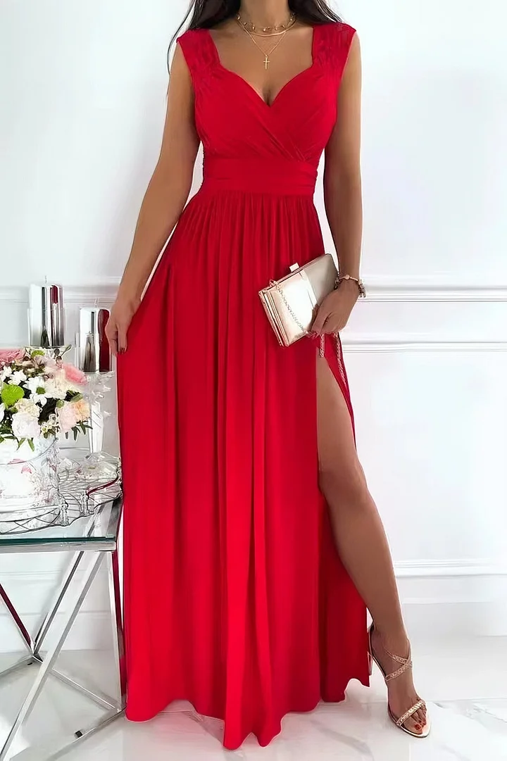 Women's cap sleeve maxi dress featuring elegant ruching and a stylish high slit for summer occasions.