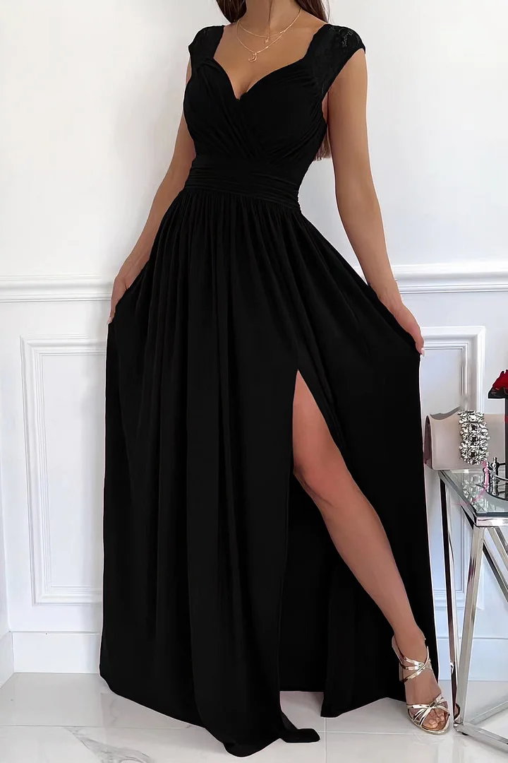 Stunning elegant ruched women's maxi dress with a sexy side slit & cap sleeves for special occasions.