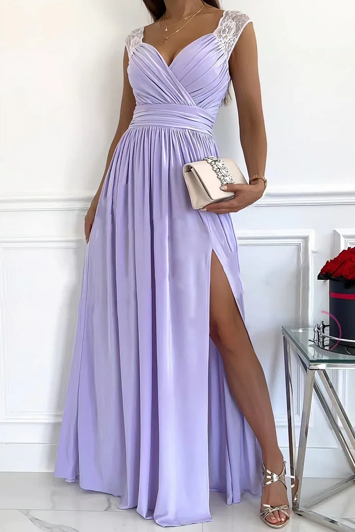 Beautiful women's elegant ruched maxi dress, a stylish slit summer dress suitable for evening wear.