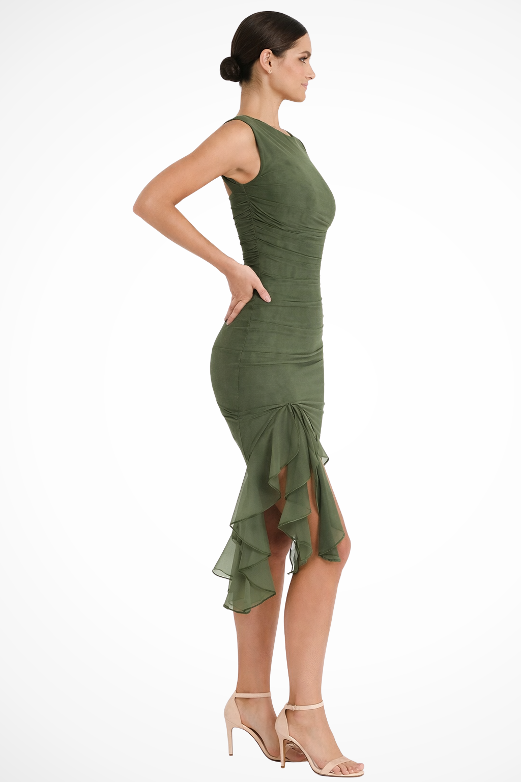 Sophisticated ruched mesh midi dress with a chic ruffle slit, women's formal evening wear.