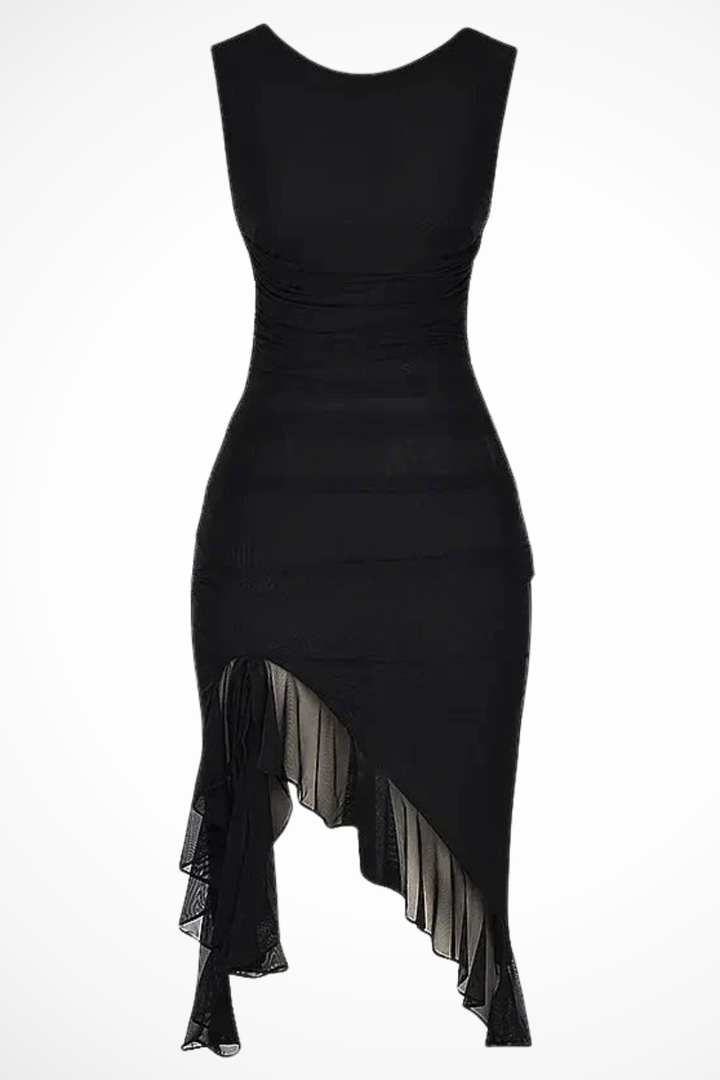 Flattering ruched mesh midi dress for women, sleeveless, elegant, with a stylish ruffle slit.