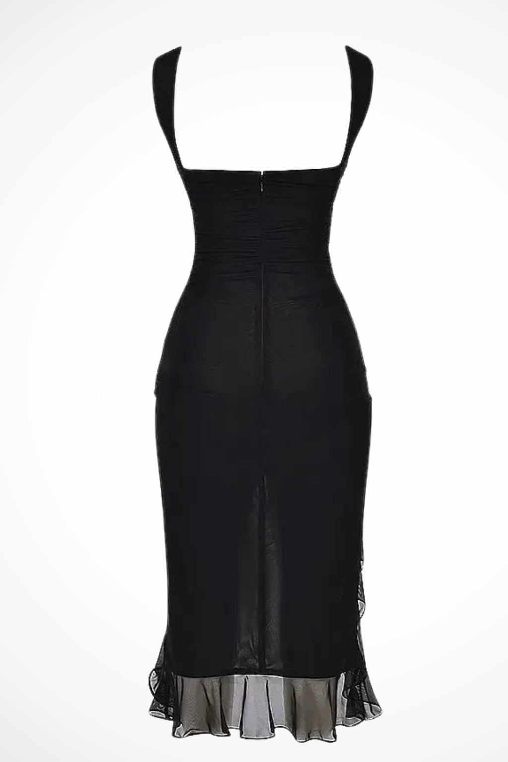 Occasion wear women's ruched mesh midi dress, elegant design with a graceful ruffle slit.