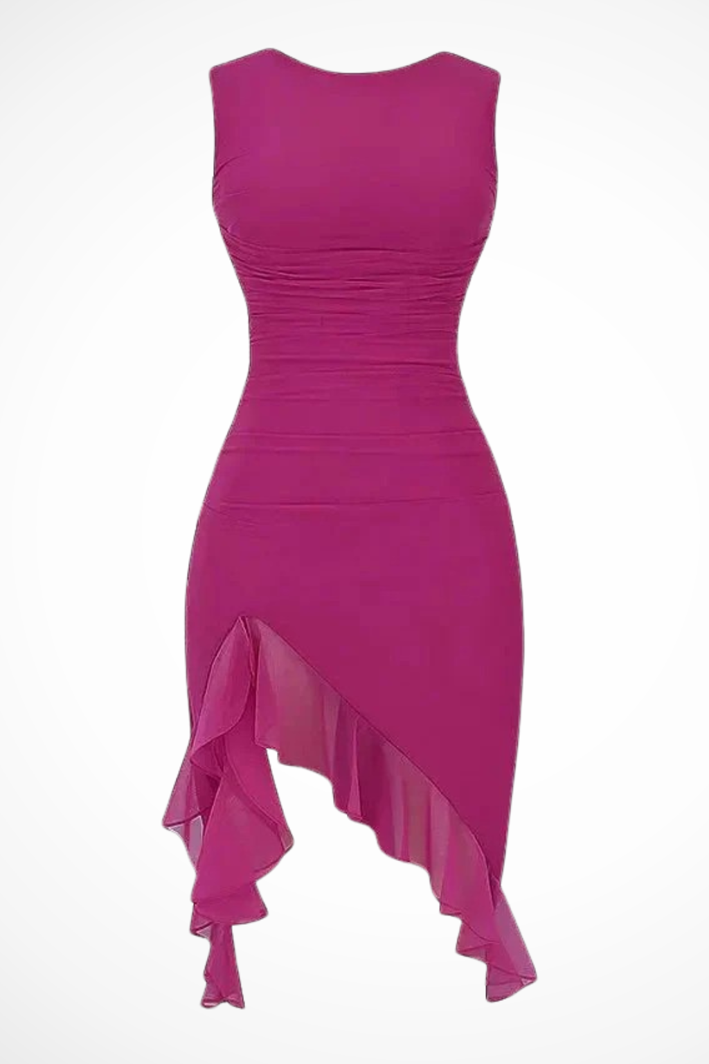 Formal elegant midi dress: women's ruched mesh fabric with a stylish ruffle slit detail.