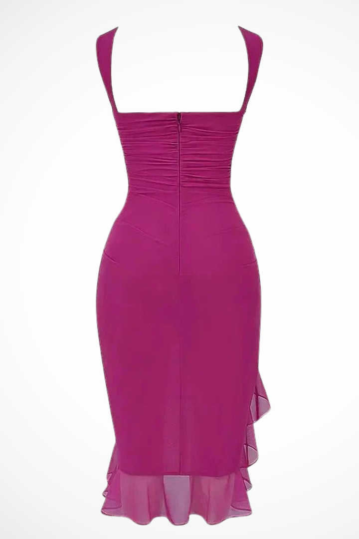Summer occasion wear: elegant women's ruched mesh midi dress with a graceful ruffle slit.