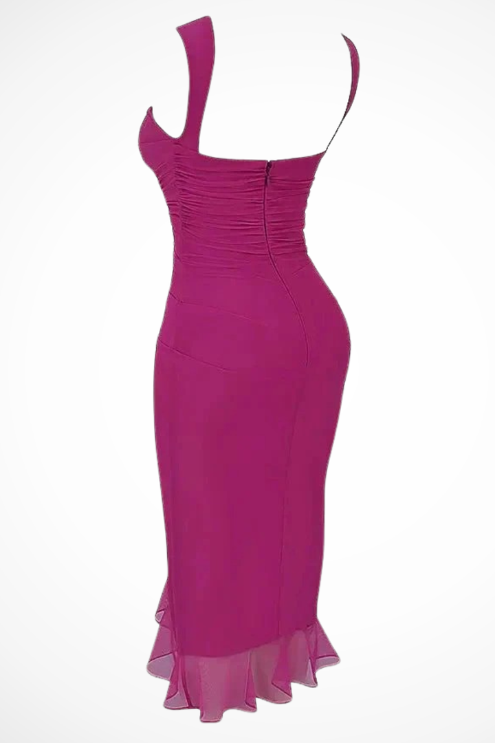 Flattering women's ruched mesh midi dress with sleeveless design and an elegant ruffle slit.
