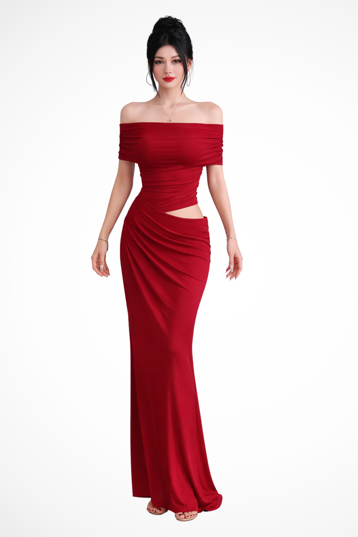 Elegant women's ruched off-shoulder maxi dress, perfect as a wedding guest or formal occasion wear.