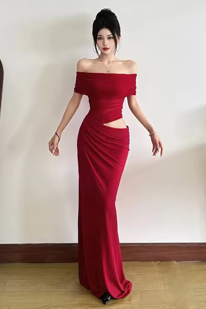Graceful black ruched off-shoulder maxi dress for women, ideal for evening events & elegant gatherings.