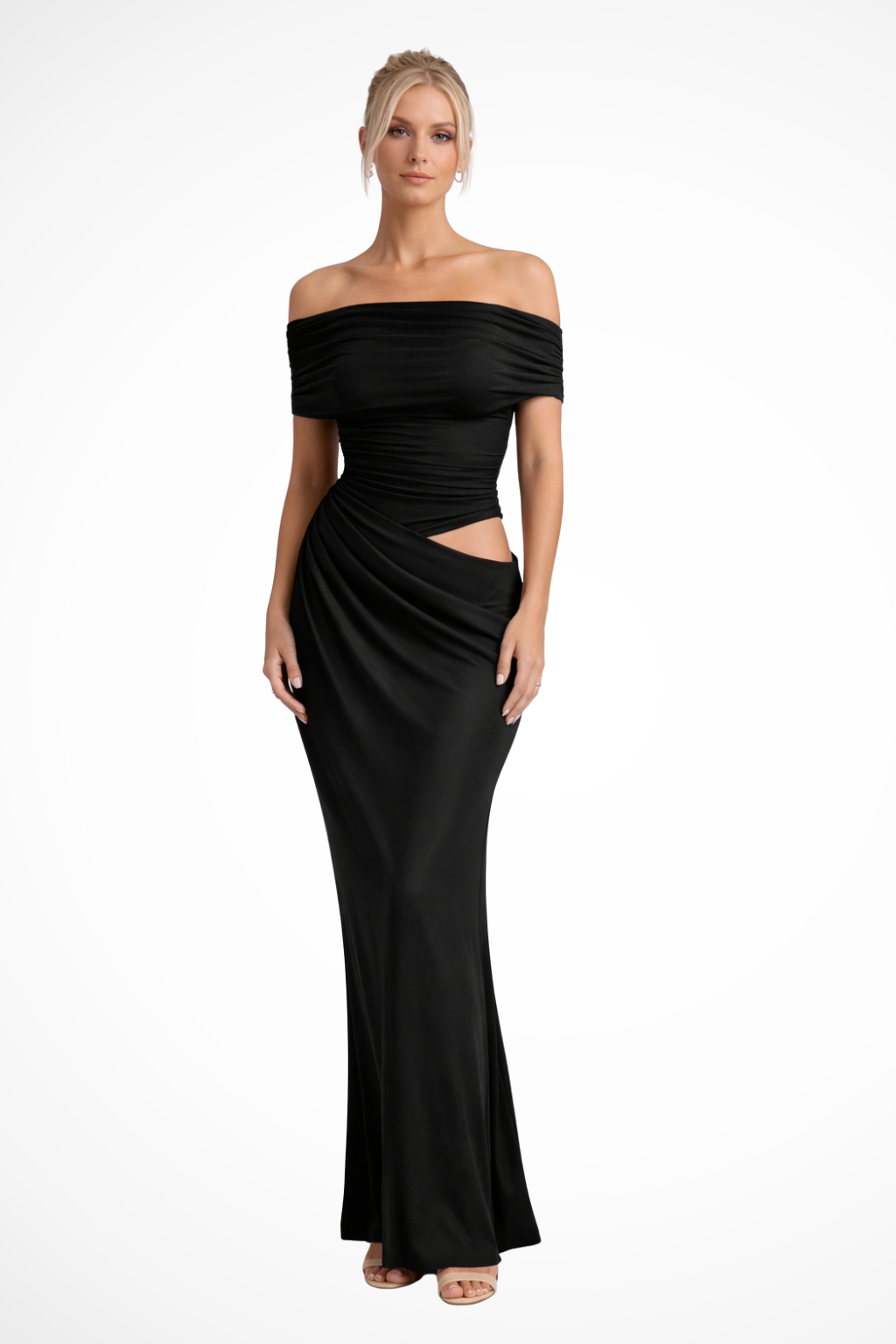Stylish ruched off-shoulder maxi dress for women. An elegant gown suitable for weddings & formal parties.