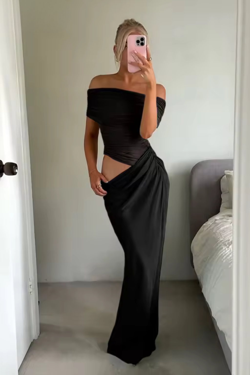 Chic women's off-shoulder ruched maxi dress, an elegant choice for wedding guests & special occasions.