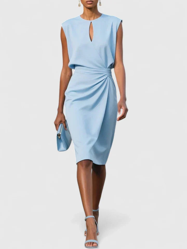 Elegant women's ruched waist midi dress, perfect for sophisticated occasion wear. Features a chic keyhole neckline.