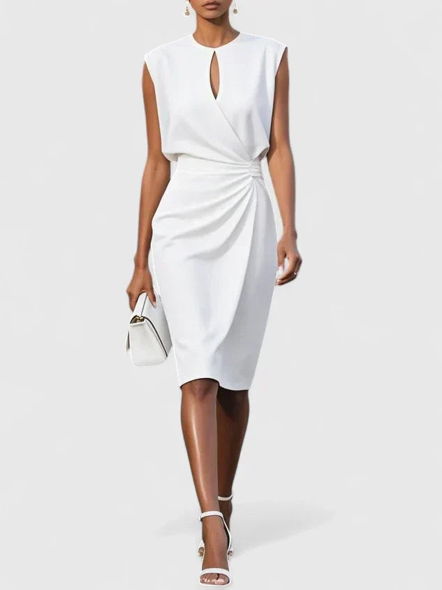 Sleeveless midi dress for women with a flattering ruched waist, ideal for parties & formal events.