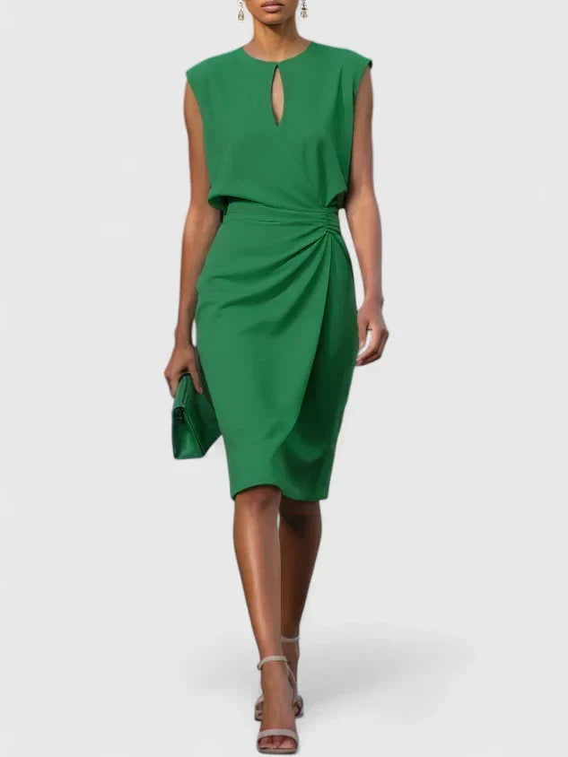 Women's elegant summer midi dress with a comfortable ruched waist and classic sleeveless design.
