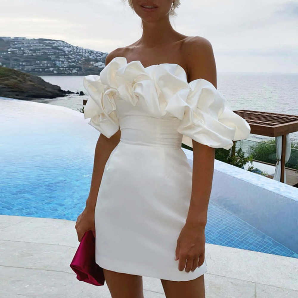Elegant women's ruffle cocktail mini dress, perfect for parties & special occasions. Chic short evening wear.