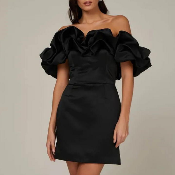 Playful ruffle mini dress for women, ideal for cocktail parties, evening wear, or as a chic wedding guest dress.