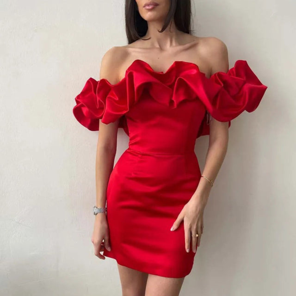 Stylish women's playful ruffle cocktail mini dress. Elegant and chic for parties & special occasion evening wear.