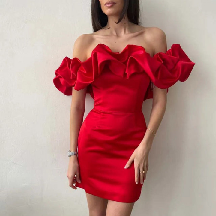 Stylish women's playful ruffle cocktail mini dress. Elegant and chic for parties & special occasion evening wear.