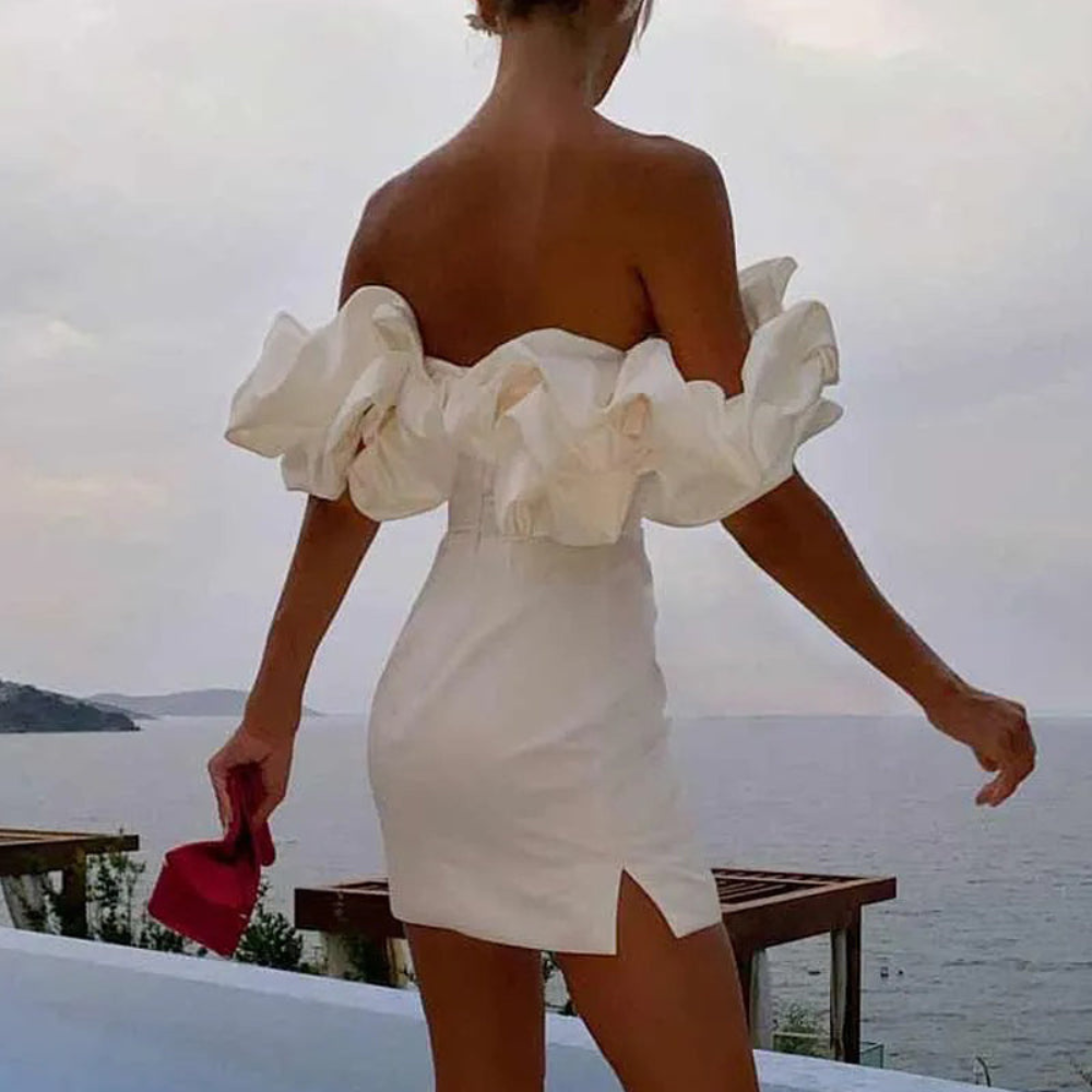 Sophisticated women's ruffle cocktail mini dress. Perfect playful short dress for parties & evening events.