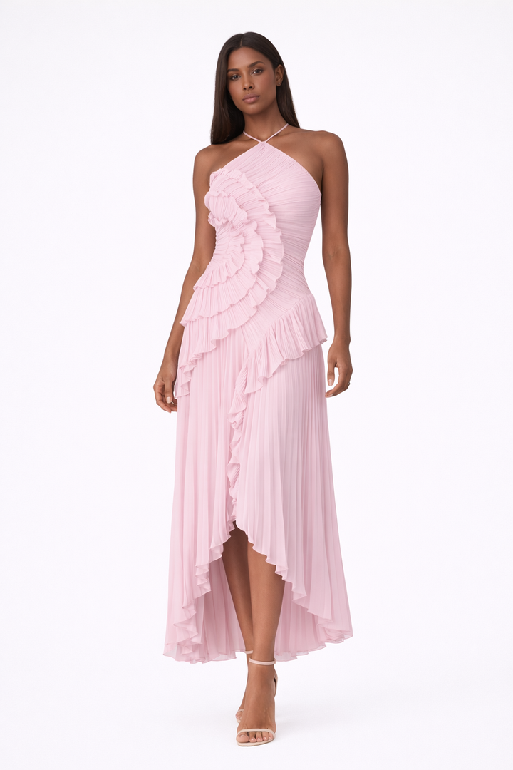 Elegant women's ruffle maxi dress, perfect for summer parties & events. Chic, flowy sleeveless design with halter neck.