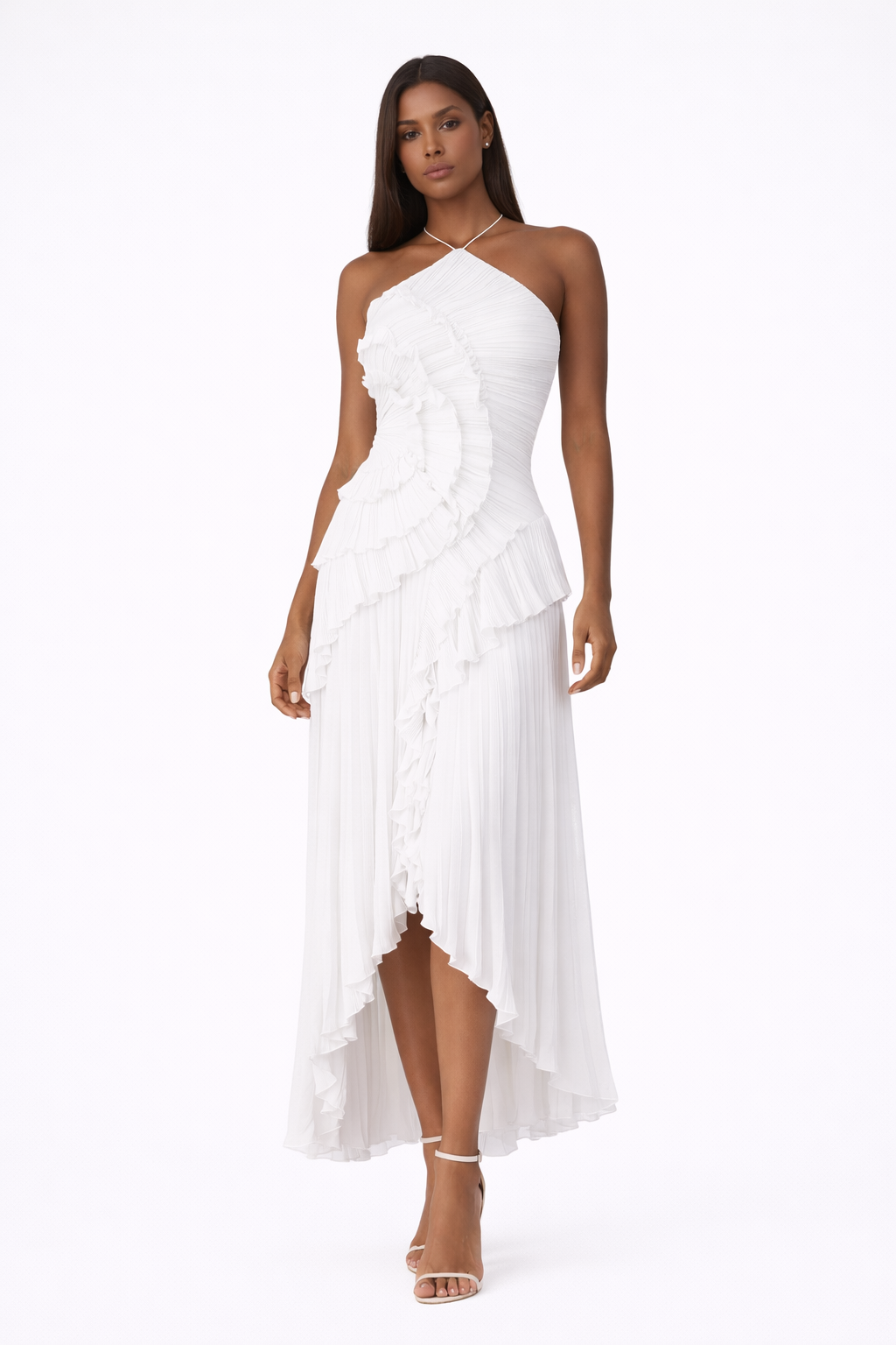 Chic women's halter neck ruffle maxi dress in a flowy fabric, ideal for elegant summer events & occasions.