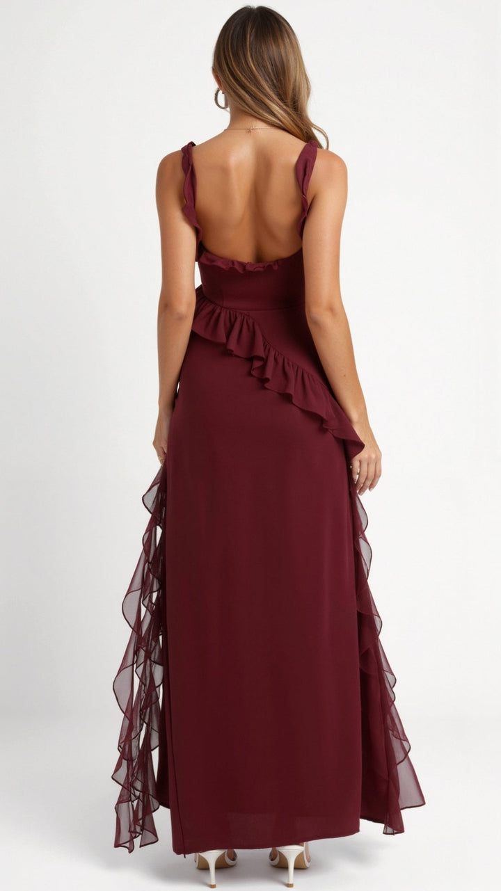 Glamorous women's formal evening gown, a ruffle maxi dress with a high slit, for chic occasions.