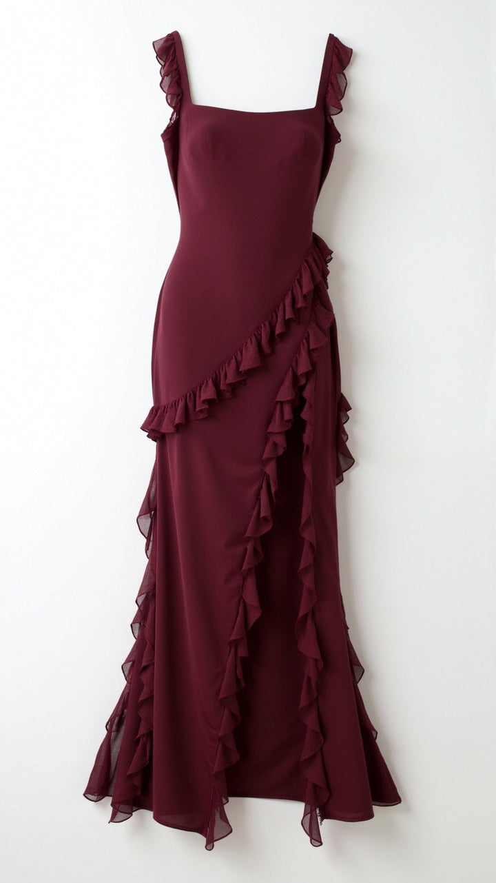 Feminine women's elegant maxi dress, featuring graceful ruffles and a flattering high leg slit.