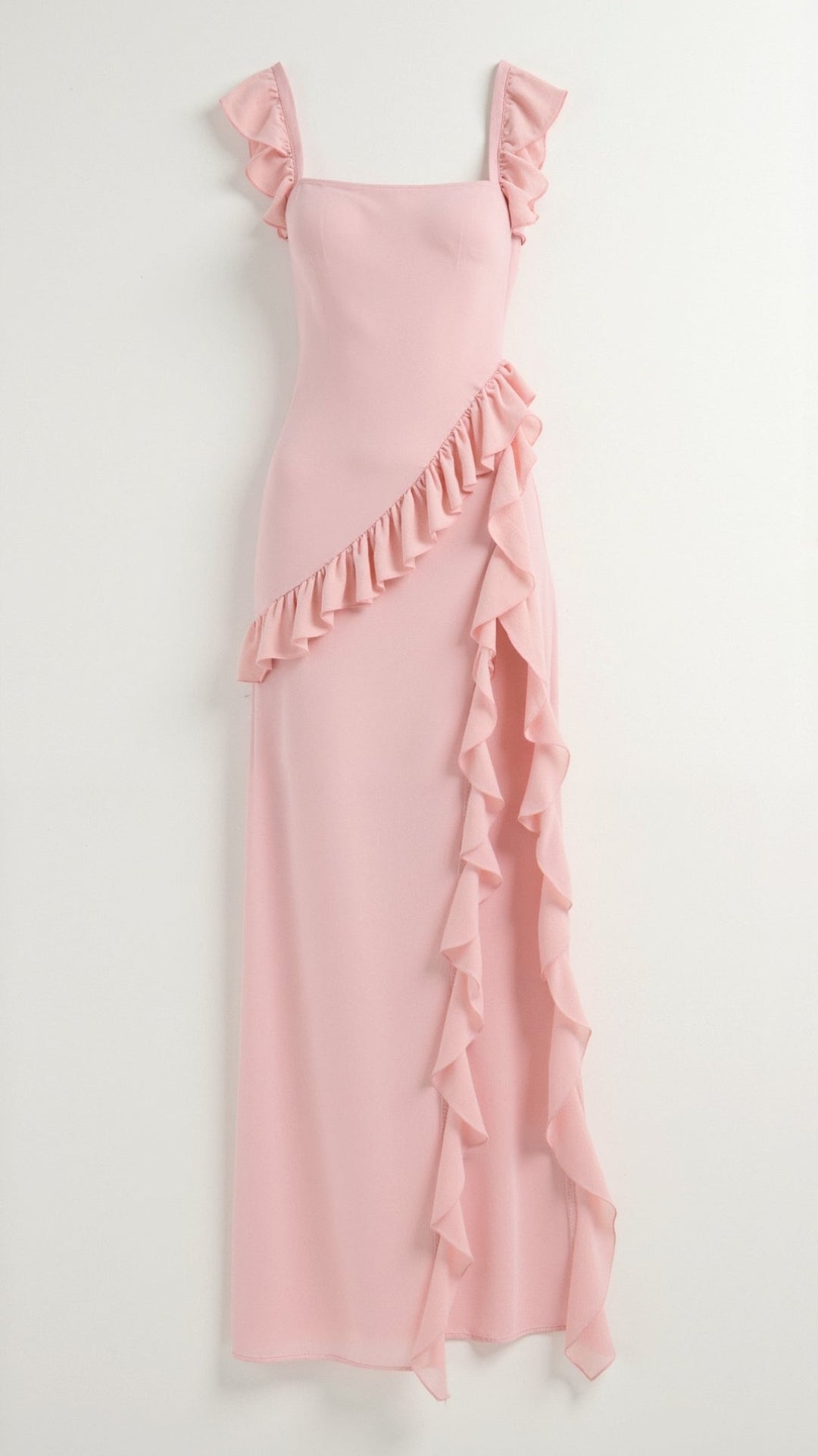 Modern women's elegant ruffle maxi dress featuring a high slit, perfect for contemporary evening wear.