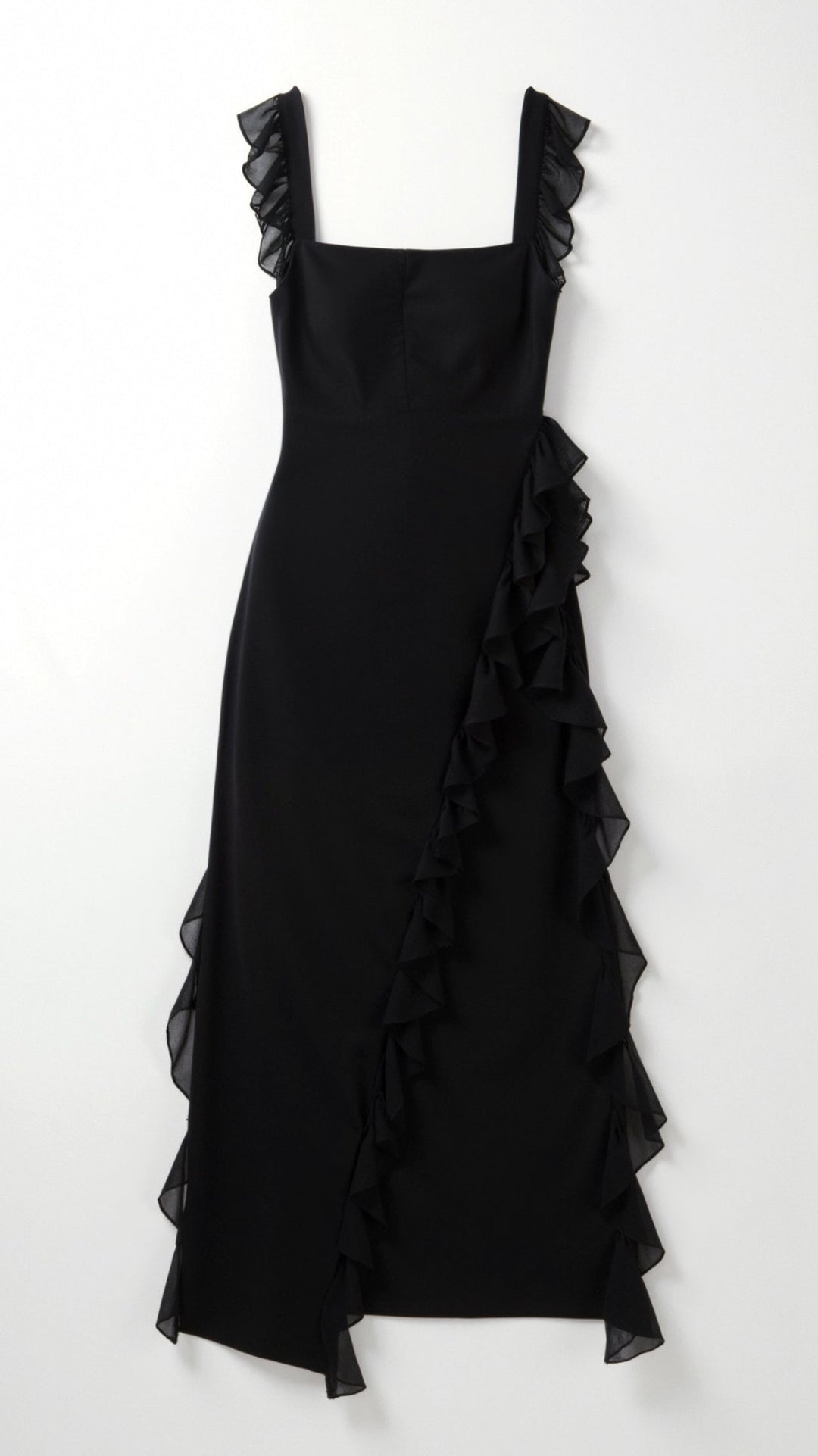 Versatile women's elegant maxi dress, a ruffle gown with a stylish slit for formal and party wear.