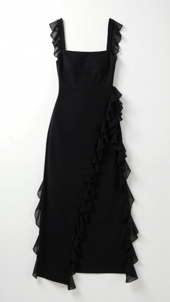 Versatile women's elegant maxi dress, a ruffle gown with a stylish slit for formal and party wear.