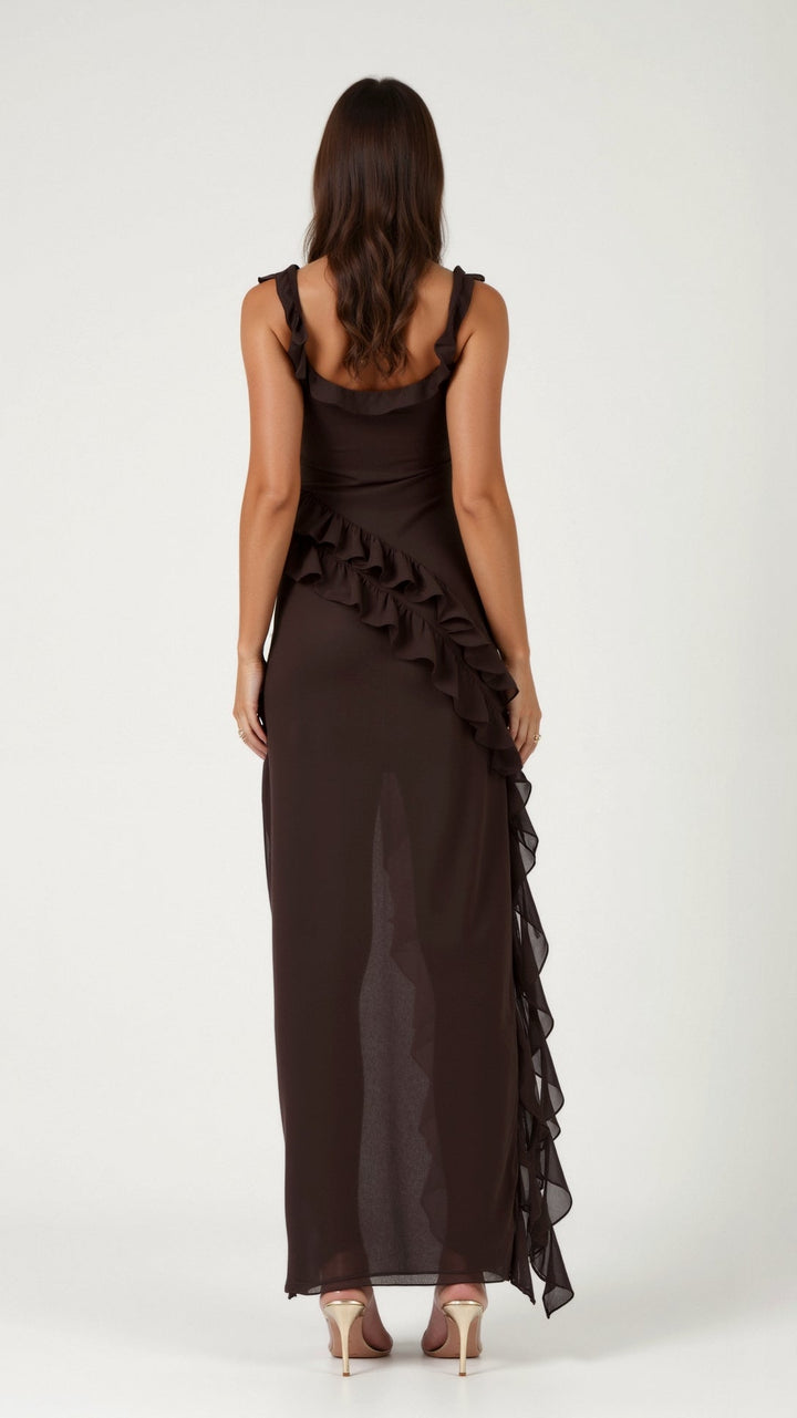 Stunning women's party maxi dress with elegant ruffles, a daring slit, and a flattering fit.