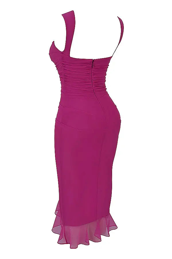 Modern ruffle midi dress for women, long sleeve and sophisticated.