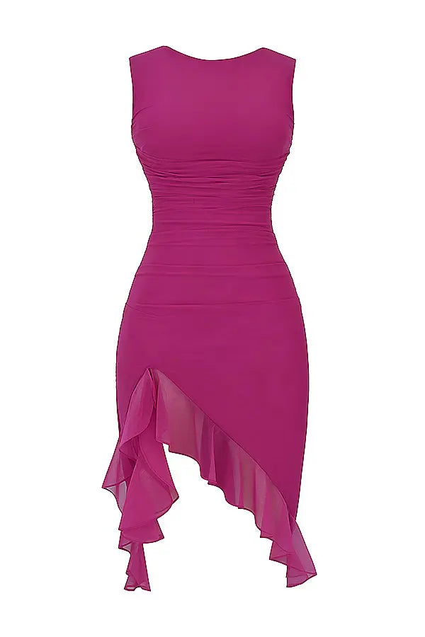 Women's versatile midi dress, elegant ruffles, suitable for work or party.