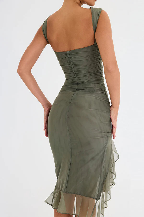 Versatile long sleeve ruffle midi dress, perfect for women's wardrobe.