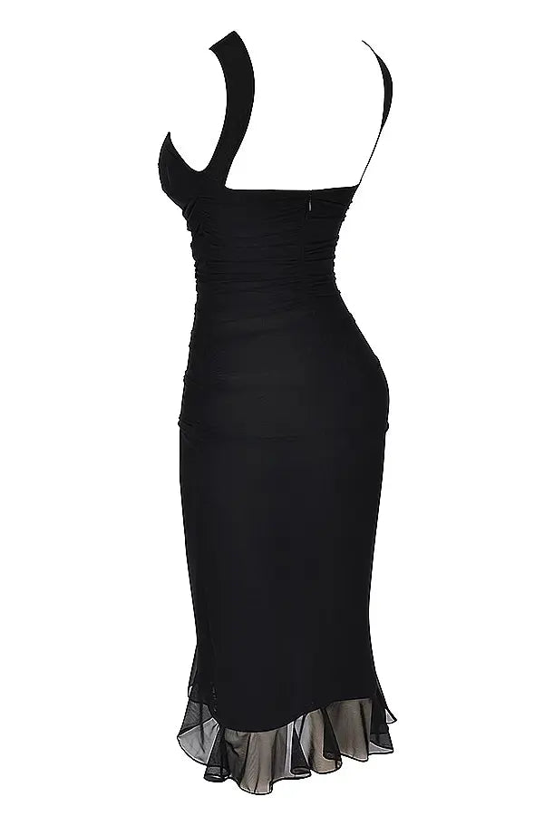 Women's elegant occasion dress, mid-length with chic ruffles.