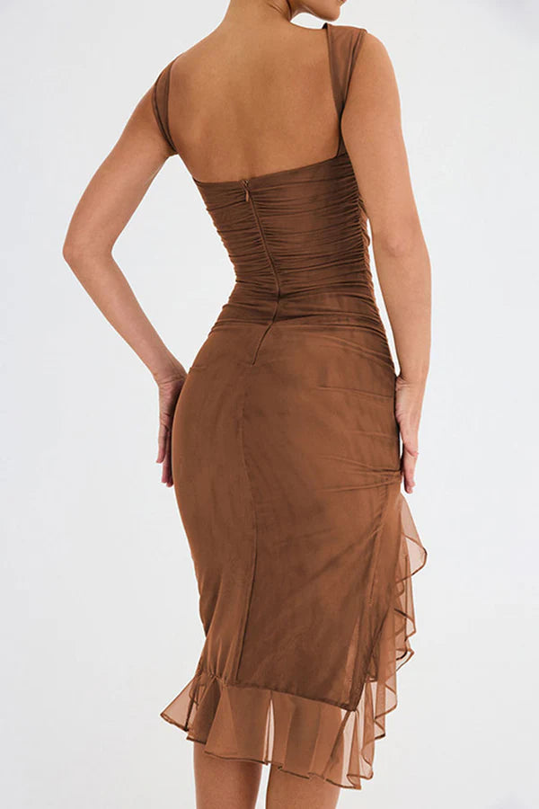 Daytime chic: Women's elegant ruffle midi dress with long sleeves.