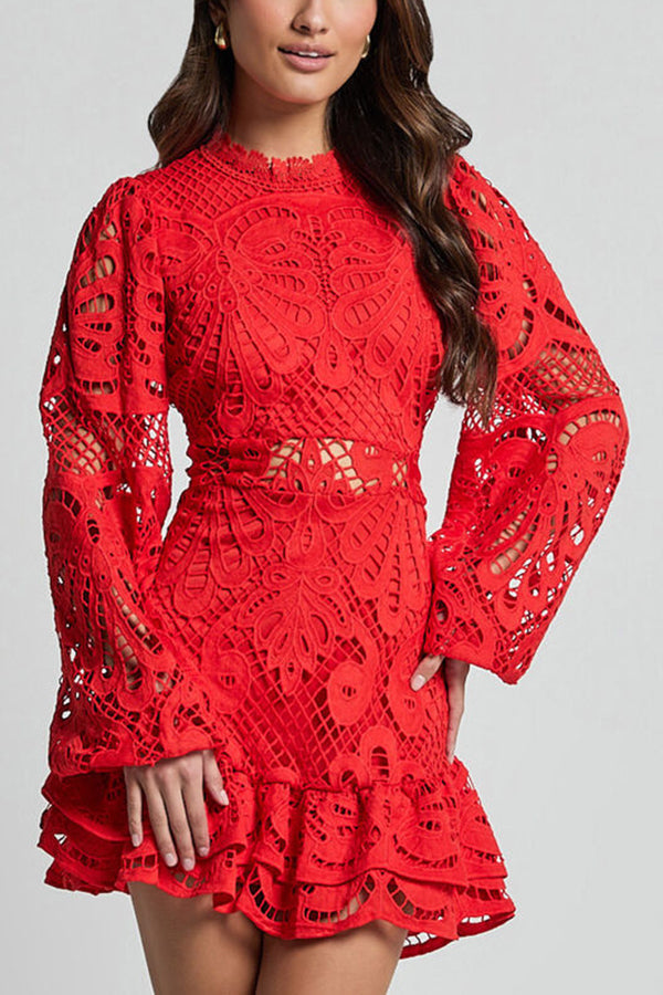 Romantic women's mini dress featuring elegant ruffles, puff sleeves, and a chic high neck.
