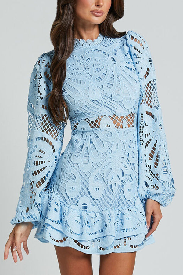 Stylish women's ruffle mini dress with flattering puff sleeves and an elegant design.
