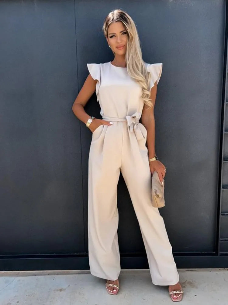 Elegant women's ruffle sleeve wide leg jumpsuit with flattering fit, perfect for smart casual occasions.