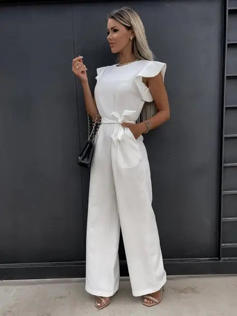 Chic women's one-piece jumpsuit featuring stylish ruffle sleeves and a flowing wide-leg design.