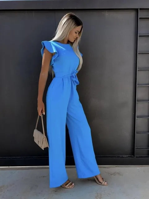 Flattering wide leg women's jumpsuit with delicate ruffle sleeves and a cinched waist for an elegant look.
