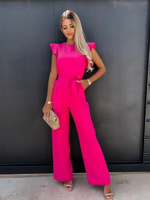 Versatile women's ruffle sleeve wide leg jumpsuit, ideal for both casual wear and smart occasions.