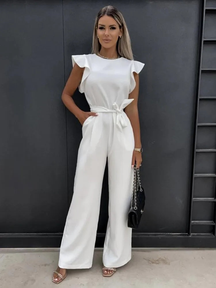Modern women's wide leg jumpsuit with charming ruffle sleeves, offering a sophisticated and flattering style.