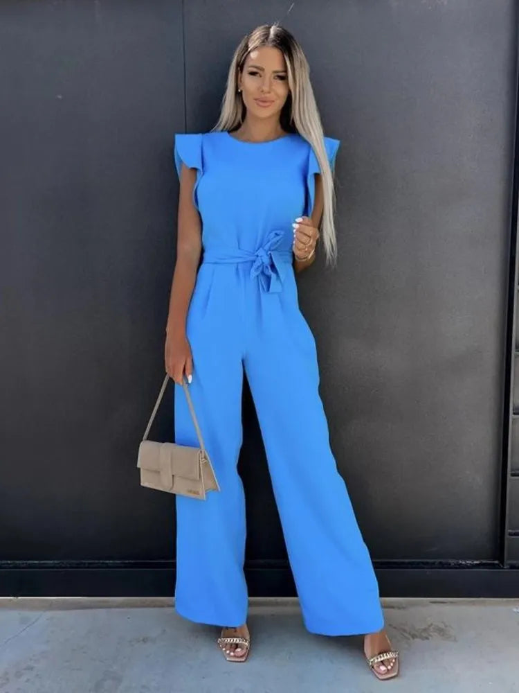 Stylish one-piece women's jumpsuit, featuring elegant ruffle sleeves and a flattering wide leg design.