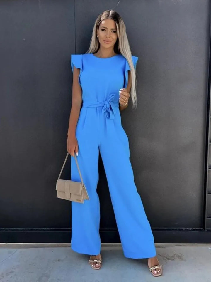 Stylish one-piece women's jumpsuit, featuring elegant ruffle sleeves and a flattering wide leg design.