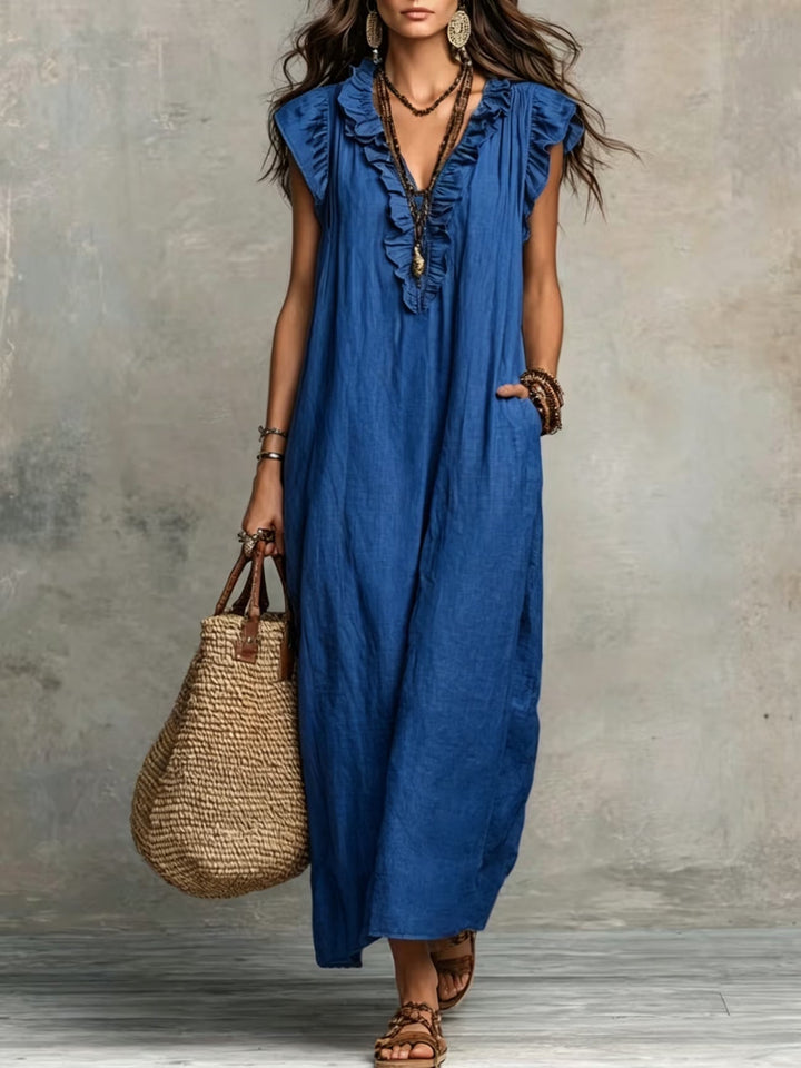 Elegant women's ruffle sleeveless midi dress, perfect for sophisticated summer fashion & effortless style.