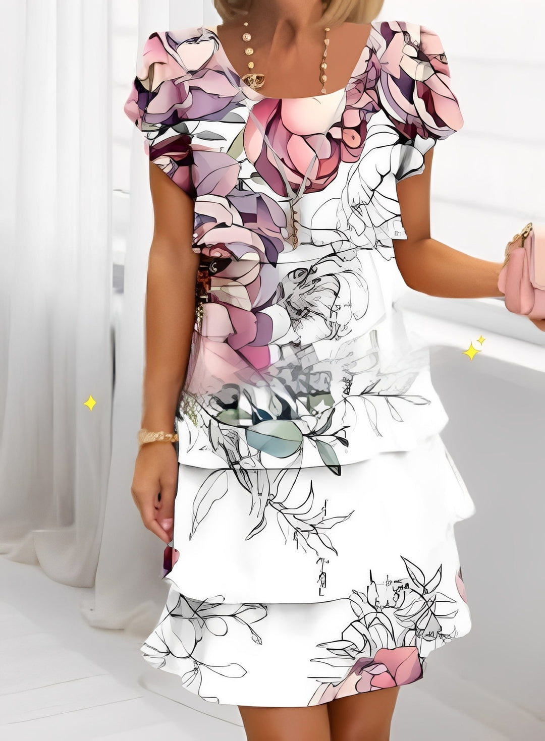 Elegant women's ruffle summer dress, perfect for day or party. Short sleeve, chic versatile style.