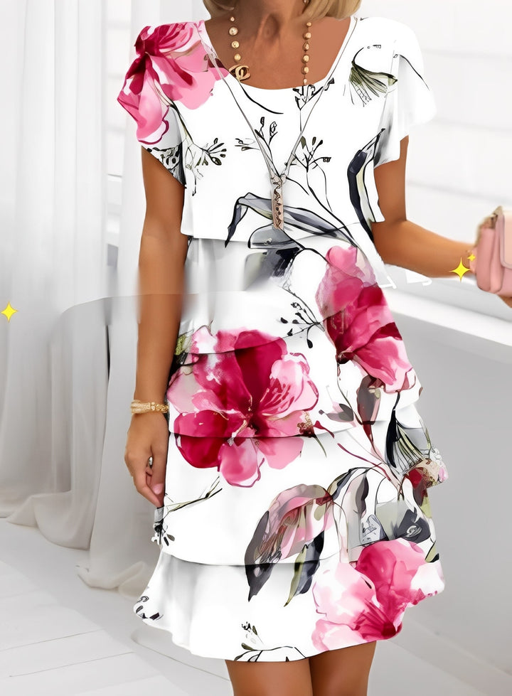 Chic women's elegant ruffle dress with short sleeves, ideal for summer parties or sophisticated day wear.